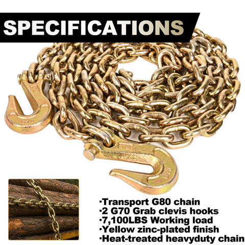 G80 Tow Chain 3 Eighth Inch By 20 Feet With G70 Hooks Heavy Duty Binder Chain For Logging Tie Down And Transport On Flatbed Trucks 7100 Lbs Safe Working Load Zinc Plated coiled with hooks