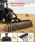 50 Inch Tow Behind Landscape Rake With 17 Steel Tines For Category 1 Tractors showing bolt fastening and installation on a field