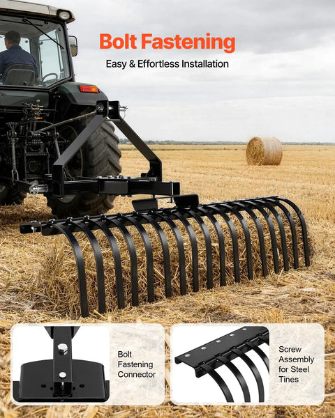 50 Inch Tow Behind Landscape Rake With 17 Steel Tines For Category 1 Tractors showing bolt fastening and installation on a field