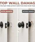 Clear Silicone Door Knob Wall Protectors 2 Inch Flat Profile Self Adhesive Bumpers shown preventing wall damage from door knobs.