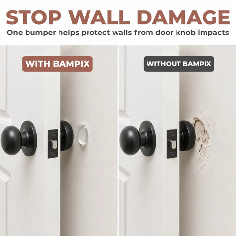 Clear Silicone Door Knob Wall Protectors 2 Inch Flat Profile Self Adhesive Bumpers shown preventing wall damage from door knobs.