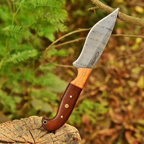 Custom Handmade Damascus Fixed Blade Knife 10 Inch With Rosewood And Olive Wood Handle Full Tang Badass Black Leather Sheath
