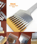 Leather Craft Prong Chisel Set 3 Pack 4mm Angled Hex Flat Head, European style with 2/5/9 prongs on leather surface.