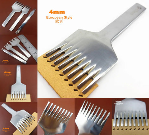 Leather Craft Prong Chisel Set 3 Pack 4mm Angled Hex Flat Head, European style with 2/5/9 prongs on leather surface.