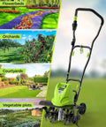 18 Inch Electric Tiller Cultivator displayed with 13.5 Amp Motor, 6 Steel Tines, and Foldable Handle for versatile gardening use.