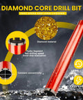 2 Inch Diamond Drill Core Bits For Concrete Masonry Brick And Stone Wet Laser Welded Core Bit With 14 Inch Drilling Depth Arbor Up To Seven Inches Ideal For Construction And DIY Home Renovation, showing a red drill bit with diamond material and turbo segment features.