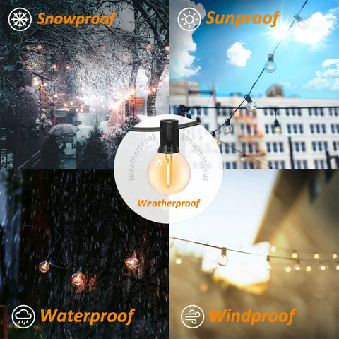 Collage of 200Ft Outdoor G40 Globe String Lights With 104 Shatterproof LED Bulbs, Waterproof And Dimmable in various weather conditions