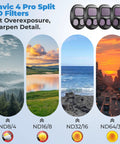 Dope Split ND Filter 4 Pack For DJI Mavic 4 Pro Dual Focal Length Kit With ND8 And ND4, ND16 And ND8, ND32 And ND16, ND64 And ND32 shown with usage examples.