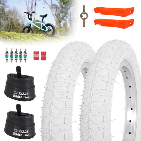 Two Pack 12.5x2.25 White Bicycle Tires With Inner Tubes For Kids Bikes And Strollers, 54-203 Fits BMX 12 Inch Wheels Set