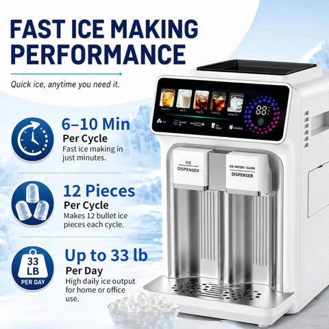 3 In 1 Countertop Ice Maker Featuring An Automatic Ice Crusher And Water Dispenser To Make Bullet Ice Shaved Treats Or Slush Fast In A Sleek Unit That Really Slaps For Home Bars Weekends And Daily Kitchen Vibes with digital display and two dispensers.