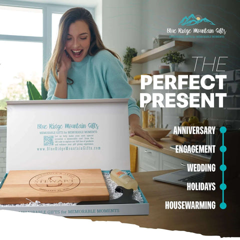 Personalized wooden cutting board in a white gift box; front view, laser-engraved; Blue Ridge Mountain Gifts.