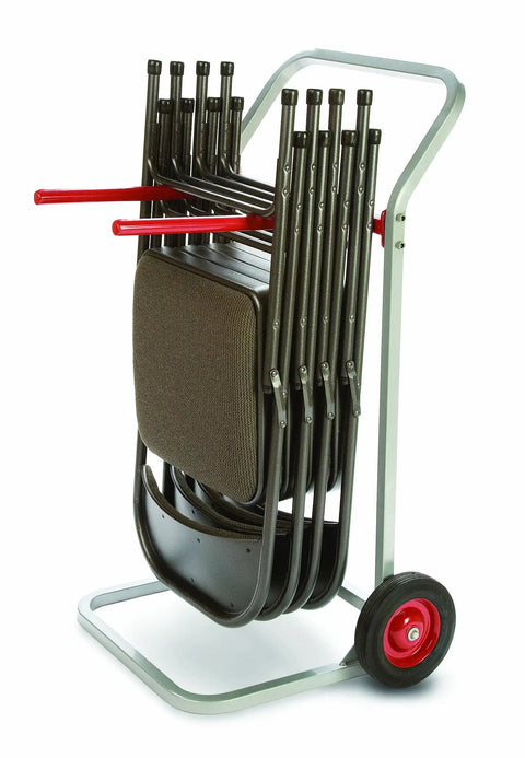 Heavy Duty Raymond Style Folding Chair Dolly With Tough 8 Inch Skid Resistant Rubber Wheels transporting stacked chairs.