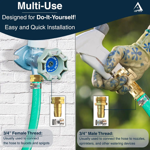 Heavy Duty Garden Hose Repair Kit For Five Eighths And Three Quarters Inch Hoses Leak Proof Metal Mender And Connector Set With Male And Female Fittings For Fixing Hose Ends Two Pack showing hose connection and installation