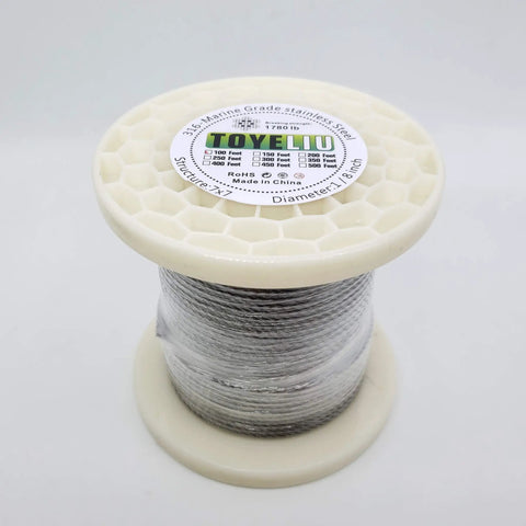 316 Stainless Steel Aircraft Cable Rope One Eighth Inch 7 By 7 Construction for Deck Railing Kit Non Magnetic Marine Grade Durable Outdoor Wire Cable 100 Feet Pro Grade spool on white background