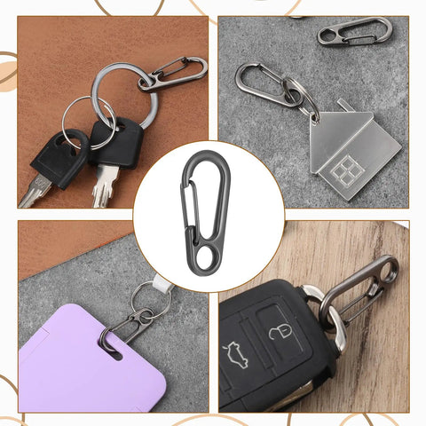 30 Pack Mini Carabiner Clips Keychain Snaps Durable Zinc Alloy Micro Carabiners with Clear Storage Box for Keys Gear Camping Outdoors Black Finish Great For Organizing, shown with keys and accessories.