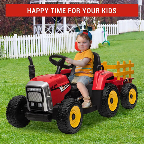 Child riding 12V Kids Ride On Tractor With Trailer And Remote Control on grass with white fence in background
