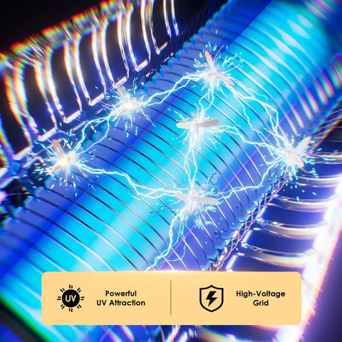 Close-up of Cordless Bug Zapper Outdoor 4200V Electric Mosquito Zapper Fly Trap with glowing UV light grid.