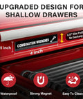 105 Piece Magnetic Tool Box Label Kit For The Garage With Heavy Duty Drawer Magnets attached to a red tool chest.