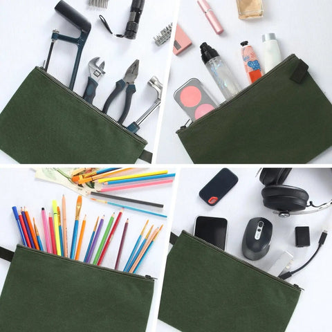 12 Pack Canvas Tool Bags With Zippers Heavy Duty 16 Oz Utility Pouches storing tools, stationery, electronics, and crafts, army green.