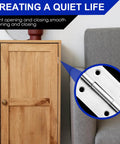 Close-up of two inch stainless steel door hinges set of 6 for cabinets and boxes, installed on wooden furniture, showing rust resistance.