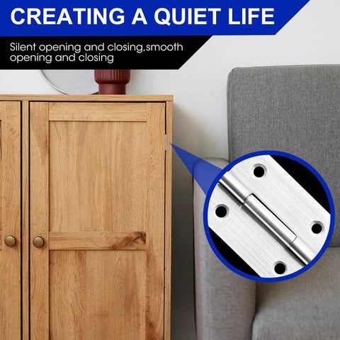 Close-up of two inch stainless steel door hinges set of 6 for cabinets and boxes, installed on wooden furniture, showing rust resistance.
