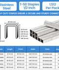 Heavy Duty T50 Stainless Steel Staples 1512 Count 20 Gauge 3/8 Crown 1/2 Inch Leg display with dimensions and specifications.
