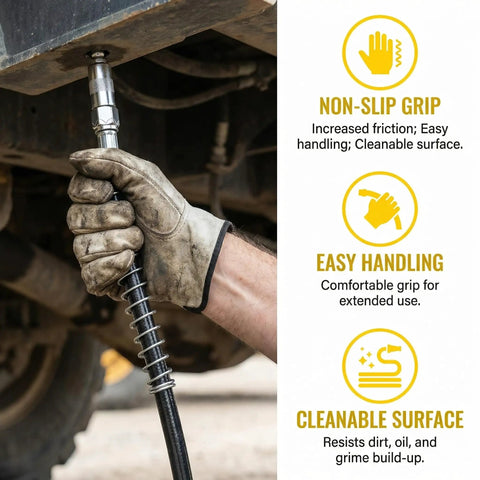 User holding 18 Inch Resin Spring Flex Hose For Grease Gun, 10000 PSI High Pressure Quick Release, showing kink-resistant feature.