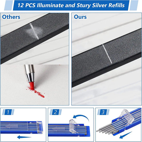 Comparison of Pro Grade Welding Pencil Marker Kit With 24 Silver Round Refills for metalwork, highlighting refill strength