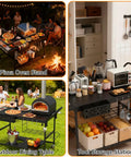 Outdoor Pizza Oven Table With Topping Station And Prep Cart For Blackstone Griddles All In One Grill Cart Table With Storage And Seasoning Tray Compatible With Ninja Cuisinart And Gozney Ovens shown in three settings: backyard, kitchen, and picnic area.