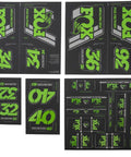 Green Fox Forks And Shocks Decal Kit For Mountain Bikes Durable Vinyl Sticker Set shown with bold green graphics on sheets