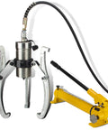 Heavy Duty Hydraulic Bearing Puller With Three Jaw Gear Extractor And Fast Pump showing metallic jaws and yellow hydraulic pump.
