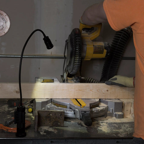 CREE LED Work Light With Magnetic Base And Flexible Gooseneck, 550 Lumens, illuminating workbench with saw