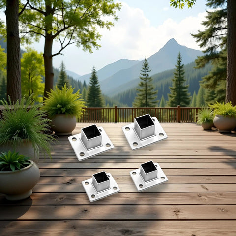 4 Pack Square Post Bases Stainless Steel Flange Anchors Heavy Duty Brackets For Fence Deck Railing Supports 1 Inch Square Posts Durable Outdoor Posts And Accessories, displayed on wooden deck with scenic forest backdrop.