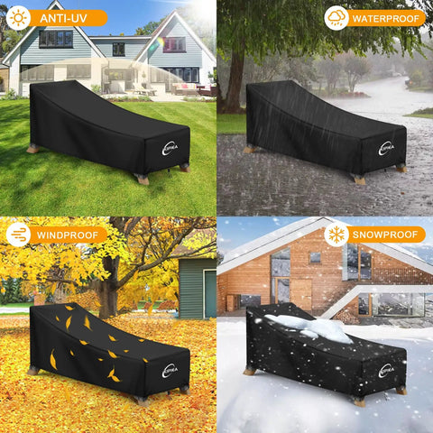 Waterproof Patio Chaise Lounge Chair Cover for Outdoor Furniture in different weather conditions, 80D x 28W x 30H