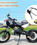Front Hydraulic Disc Brake Master Cylinder Caliper Assembly With Pads For 50cc to 125cc Dirt Bikes displayed on a black pit bike