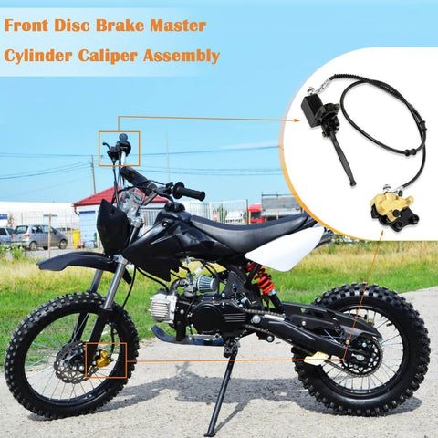 Front Hydraulic Disc Brake Master Cylinder Caliper Assembly With Pads For 50cc to 125cc Dirt Bikes displayed on a black pit bike