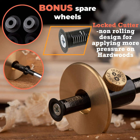 Close-up of Pro Grade Wheel Marking Gauge with Replacement Cutters showcasing brass and steel construction for woodwork precision.