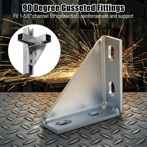 Rock Solid 4 Piece Carbon Steel Gusset Brackets For 1 5/8 Inch Strut Channel Right Angle Connectors with reinforced triangle design.