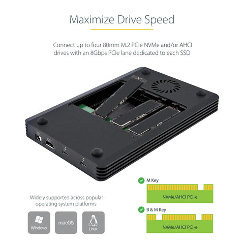 Battle Ready 4 Bay Thunderbolt 3 NVMe SSD Enclosure 40Gbps External Storage Dock with M.2 slots and active cooling.