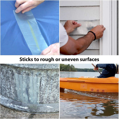 Transparent Sealing Tape That Sticks Like Crazy For Quick Waterproof Repairs used on various surfaces like tarp, siding, and kayak.