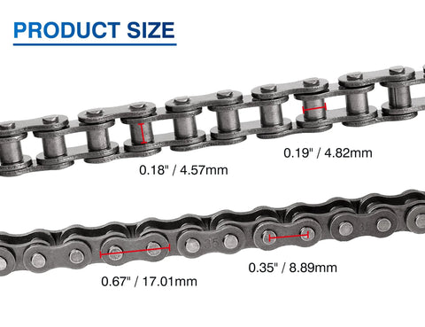 Belleone #35 steel roller chain, close-up showing link dimensions: 0.18 in, 0.19 in, 0.35 in, 0.67 in