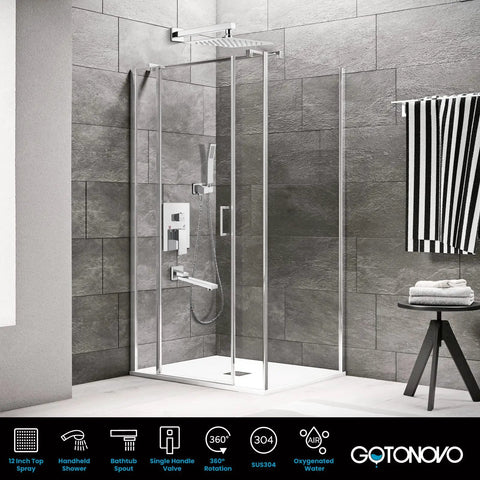 Rainfall Tub Shower Faucet Set With Handheld Sprayer Wall Mount Square High-Pressure Shower System 12-Inch Shower Head