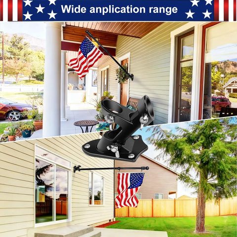 Heavy Duty Aluminum Flag Holder Bracket For House Exterior That Cuts Through Wind And Rain Dual Position Adjustable Zero Rust One Inch Black Flag Pole Mount with American flag.