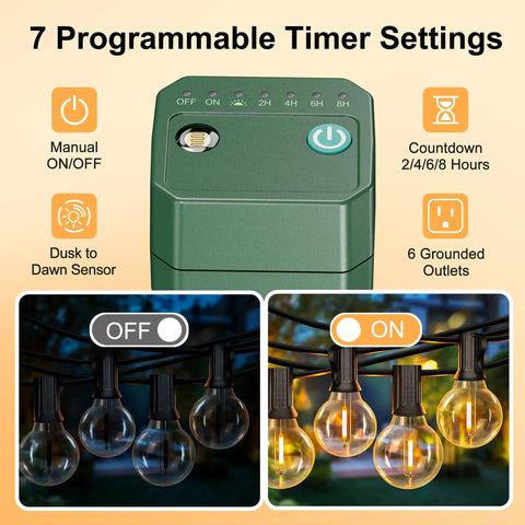 Dang Tough Outdoor Power Stake Timer With 25 Foot Hella Waterproof Extension Cord, Photocell Dusk To Dawn Sensor, Six Grounded Outlets For String Lights And Outdoor Gatherings showing timer settings and outlets.