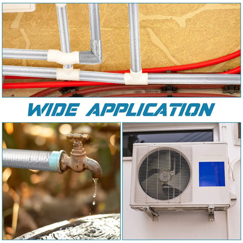 Nine Piece Pipe Insulation Foam Tubes With Elbow Set Self Adhesive Foam Pipe Covers Aluminum Foil Tape DIY Friendly Easy Install Weatherproof Outdoor Irrigation Kit For Spigot Sprinkler installation examples on pipes, faucet, and AC unit.