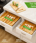 Expandable Bamboo Silverware Drawer Organizer With Adjustable Compartments shown in two size options in kitchen drawers.