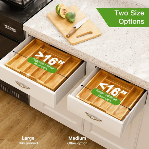 Expandable Bamboo Silverware Drawer Organizer With Adjustable Compartments shown in two size options in kitchen drawers.