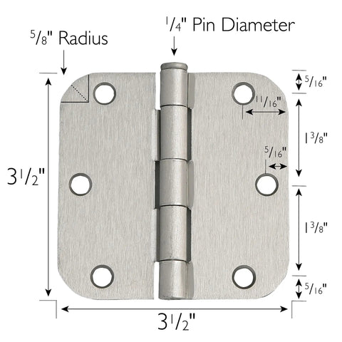 Diagram showing Sturdy Steel Interior Door Hinges 3.5 In By 3.5 In Rounded 5/8 In Radius Satin Nickel 10 Pack Heavy Duty Hardware