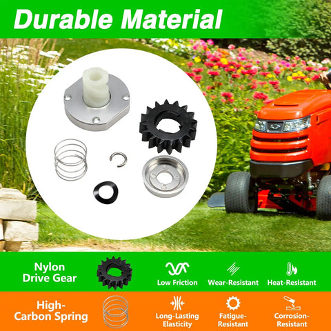 Starter Drive Kit With 16 Teeth Drive Gear That Fits Briggs And Stratton Stens Rotary Engines And Lawn Tractors Replacement Part Numbers 497606 696541 435 859 9854 displayed on green background with nylon drive gear and durable material text.