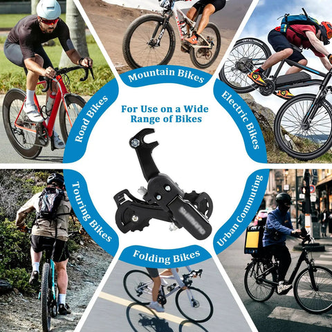 6/7 Speed Rear Derailleur with Hanger Mount for Mountain Bikes Tricycles and Commuter Cruisers, shown with diverse bike types
